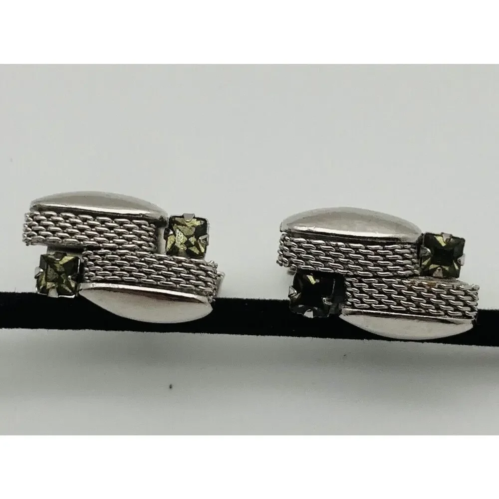 Vintage Swank Smokey Rhinestone Cufflinks Silver Tone Contrast Texture Signed